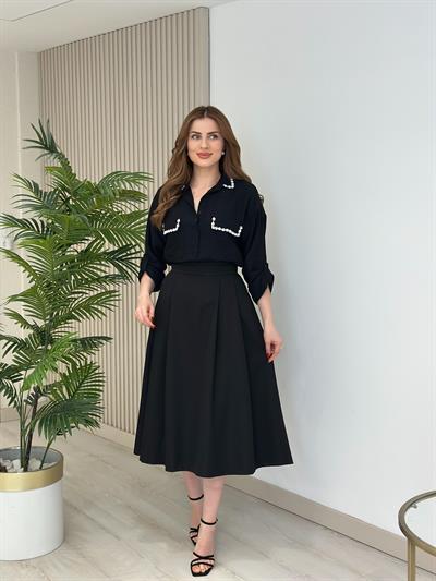 Pearl Yakası Cepleri İncili Gömlek Siyah