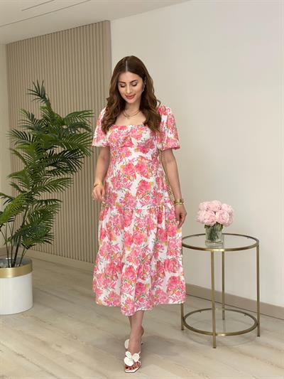 Pembe Çiçekli Balon Kol Kloş Elbise
