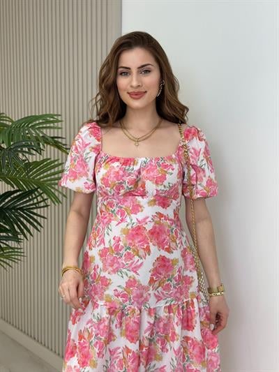 Pembe Çiçekli Balon Kol Kloş Elbise
