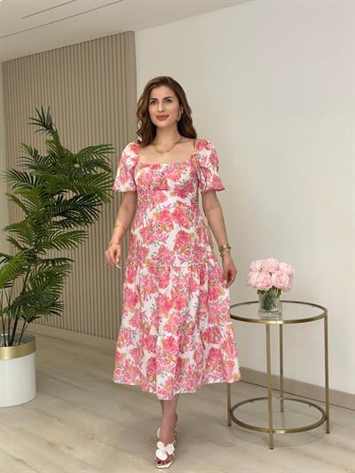 Pembe Çiçekli Balon Kol Kloş Elbise