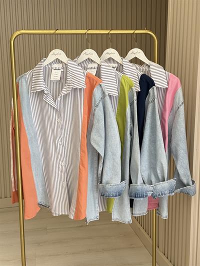 Pembe Geçişli Jean Detaylı Tasarım Gömlek