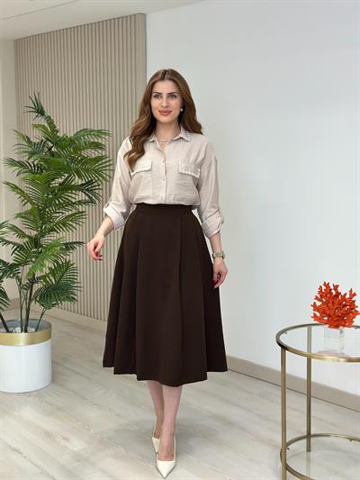 Pileli Atlas Kumaş Midi Boy Etek Acı Kahve