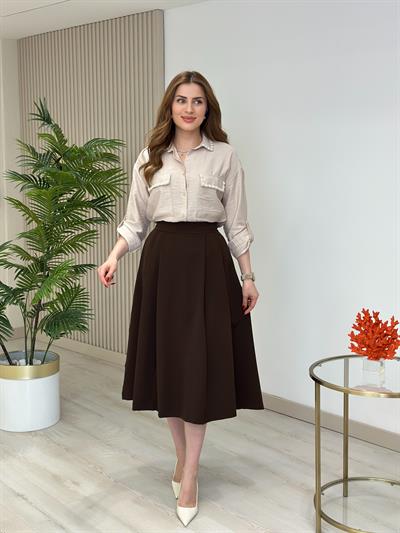 Pileli Atlas Kumaş Midi Boy Etek Acı Kahve