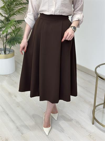 Pileli Atlas Kumaş Midi Boy Etek Acı Kahve