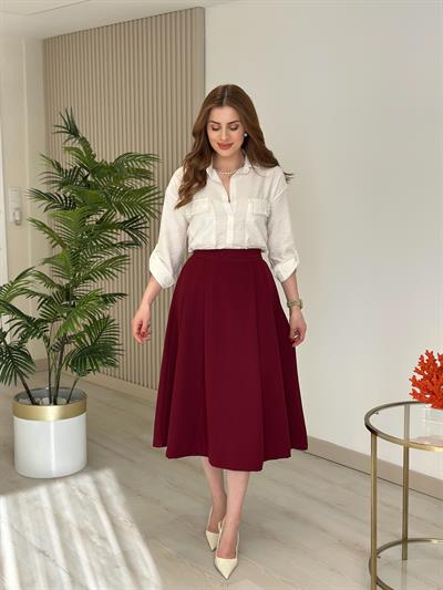 Pileli Atlas Kumaş Midi Boy Etek Bordo