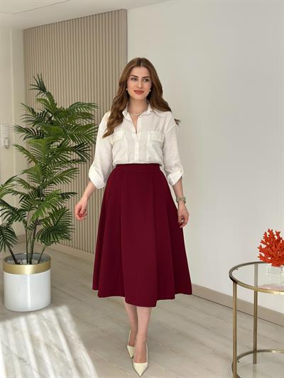 Pileli Atlas Kumaş Midi Boy Etek Bordo