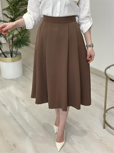 Pileli Atlas Kumaş Midi Boy Etek Kahve