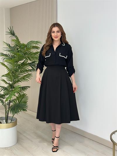 Pileli Atlas Kumaş Midi Boy Etek Siyah