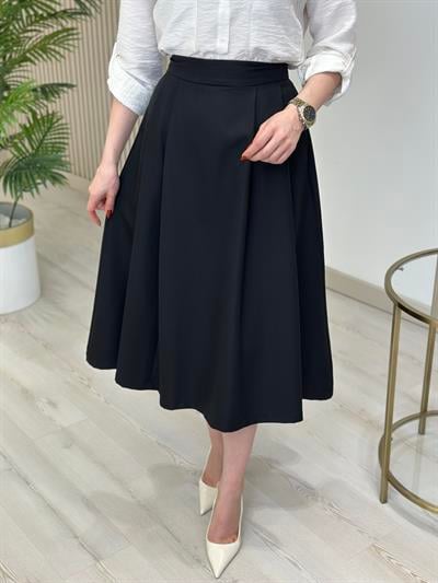 Pileli Atlas Kumaş Midi Boy Etek Siyah