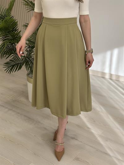 Pileli Atlas Kumaş Midi Boy Etek Yağ Yeşili