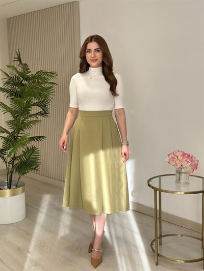 Pileli Atlas Kumaş Midi Boy Etek Yağ Yeşili
