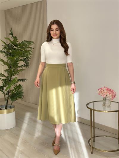 Pileli Atlas Kumaş Midi Boy Etek Yağ Yeşili