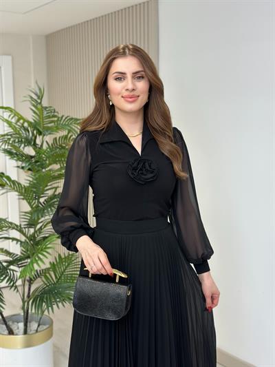 Piliseli Astarlı Etek Ucu Volanlı Etek Siyah 