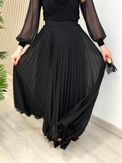 Piliseli Astarlı Etek Ucu Volanlı Etek Siyah 