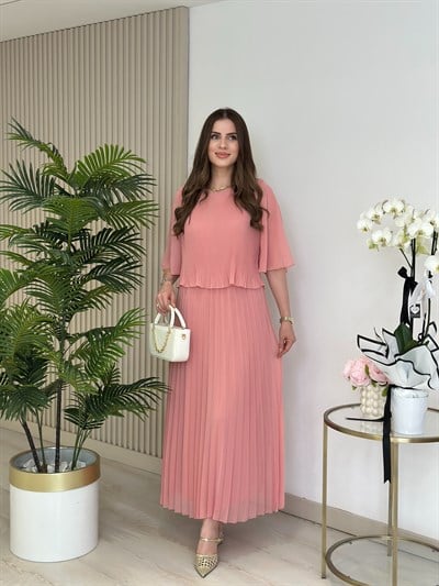 Piliseli İspanyol Kol Şifon Beli Lastikli Elbise Pembe