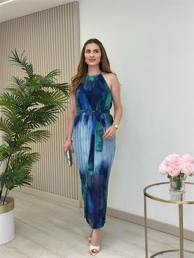 Piliseli Şifon Halter Yaka Turkuaz Desenli Elbise