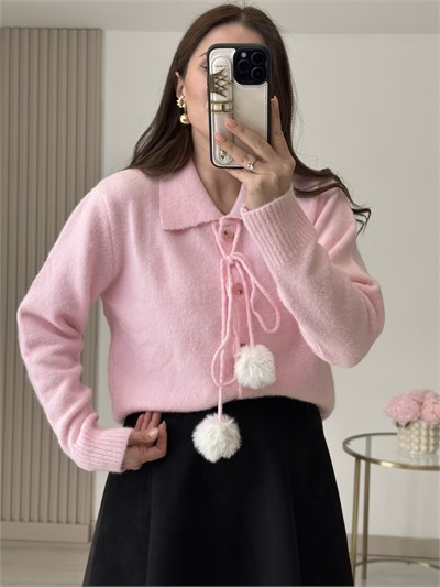 Ponpon Detaylı Yumoş Hırka Pembe