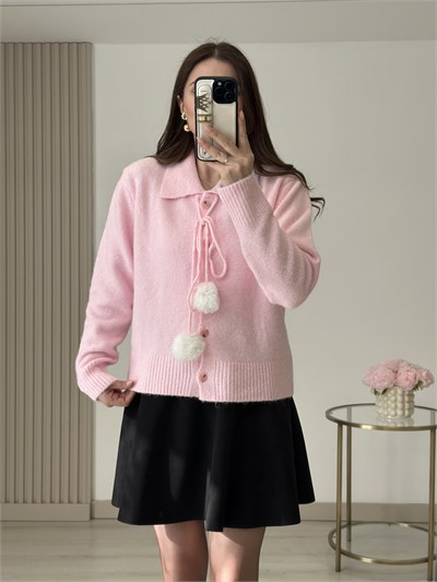 Ponpon Detaylı Yumoş Hırka Pembe