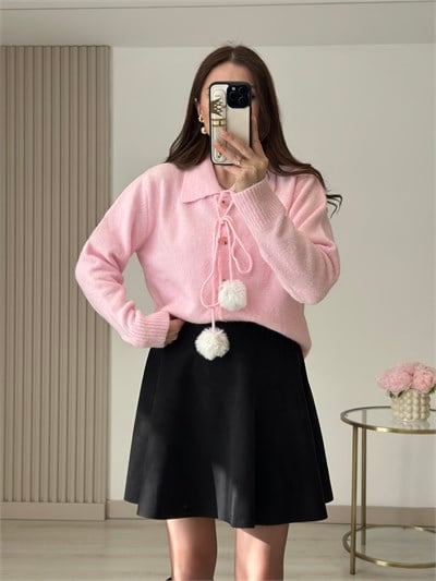 Ponpon Detaylı Yumoş Hırka Pembe