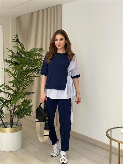 Poplin Gömlek Detaylı Modal Kumaş Takım Lacivert