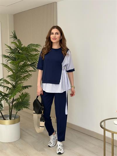 Poplin Gömlek Detaylı Modal Kumaş Takım Lacivert