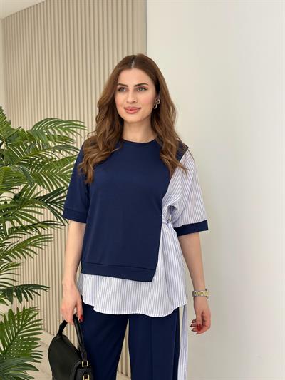 Poplin Gömlek Detaylı Modal Kumaş Takım Lacivert