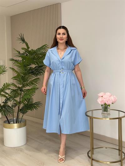 Poplin Kumaş Beli Lastikli Gömlek Elbise Bebe Mavi 