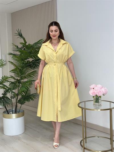 Poplin Kumaş Beli Lastikli Gömlek Elbise Sarı