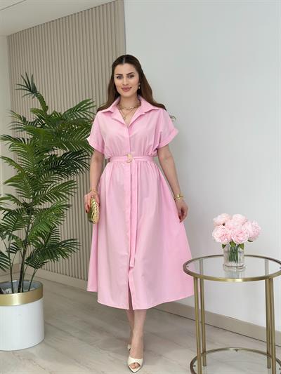 Poplin Kumaş Beli Lastikli Gömlek Elbise Pembe