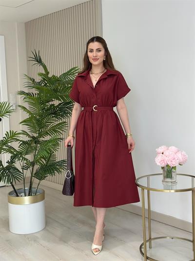 Poplin Kumaş Beli Lastikli Gömlek Elbise Bordo