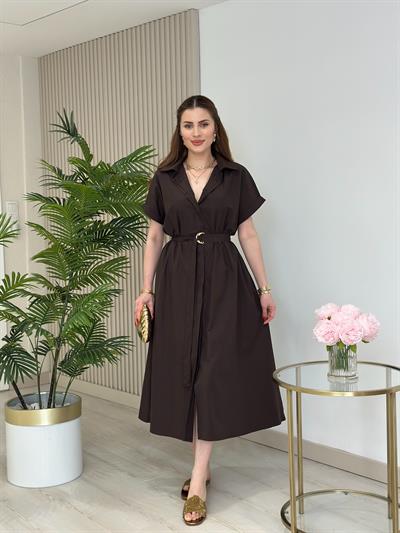 Poplin Kumaş Beli Lastikli Gömlek Elbise Kahve