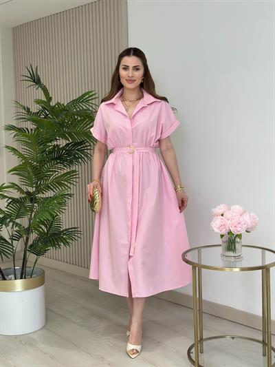 Poplin Kumaş Beli Lastikli Gömlek Elbise Pembe