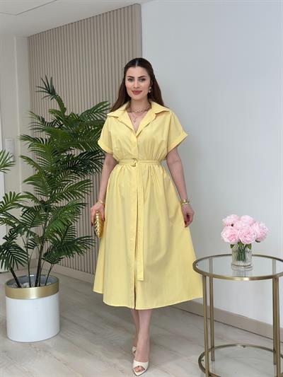 Poplin Kumaş Beli Lastikli Gömlek Elbise Sarı