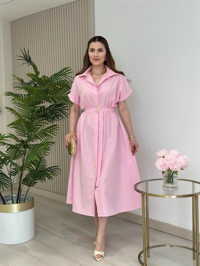 Poplin Kumaş Beli Lastikli Gömlek Elbise Pembe