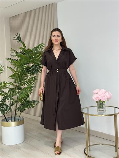 Poplin Kumaş Beli Lastikli Gömlek Elbise Kahve