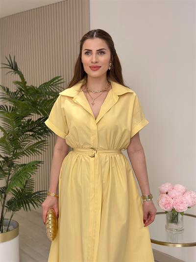 Poplin Kumaş Beli Lastikli Gömlek Elbise Sarı