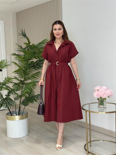 Poplin Kumaş Beli Lastikli Gömlek Elbise Bordo