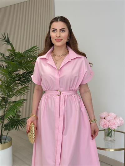 Poplin Kumaş Beli Lastikli Gömlek Elbise Pembe