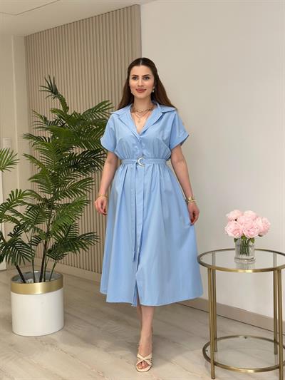 Poplin Kumaş Beli Lastikli Gömlek Elbise Bebe Mavi 