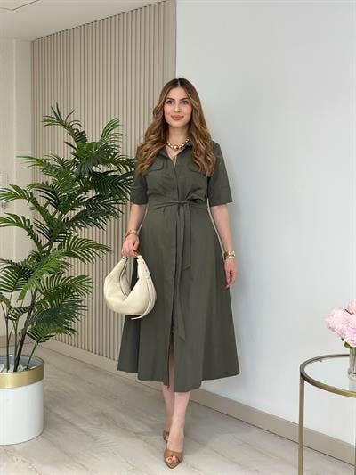 Poplin Kumaş Kuşaklı Gömlek Elbise Haki Yeşil