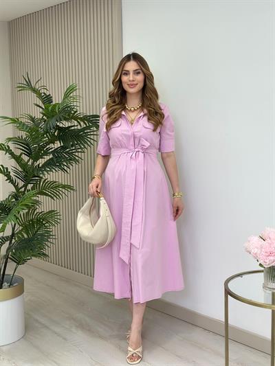 Poplin Kumaş Kuşaklı Gömlek Elbise Pembe