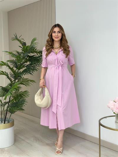 Poplin Kumaş Kuşaklı Gömlek Elbise Pembe