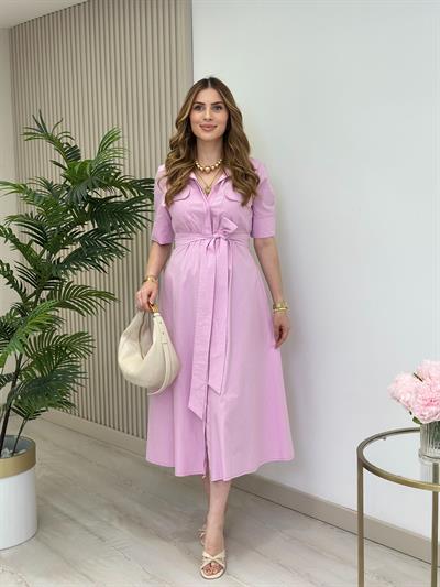 Poplin Kumaş Kuşaklı Gömlek Elbise Pembe