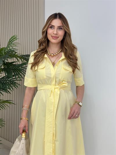 Poplin Kumaş Kuşaklı Gömlek Elbise Sarı