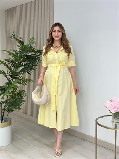 Poplin Kumaş Kuşaklı Gömlek Elbise Sarı