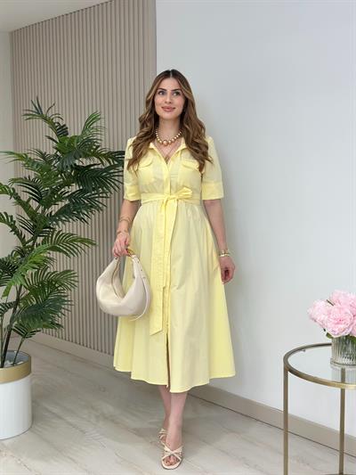 Poplin Kumaş Kuşaklı Gömlek Elbise Sarı