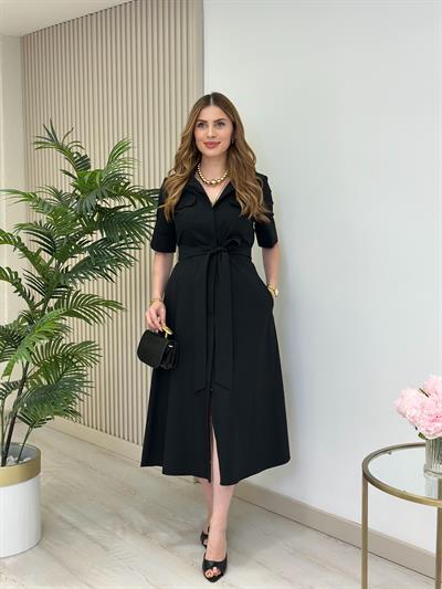 Poplin Kumaş Kuşaklı Gömlek Elbise Siyah