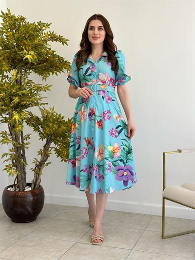 Poplin Kumaş Mavi Çiçekli Elbise