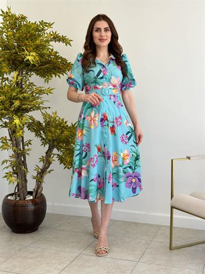 Poplin Kumaş Mavi Çiçekli Elbise