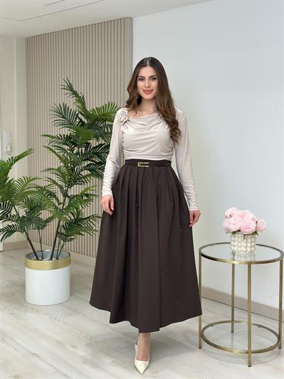 Poplin Kumaş Uzun Cepli Etek Acı Kahve